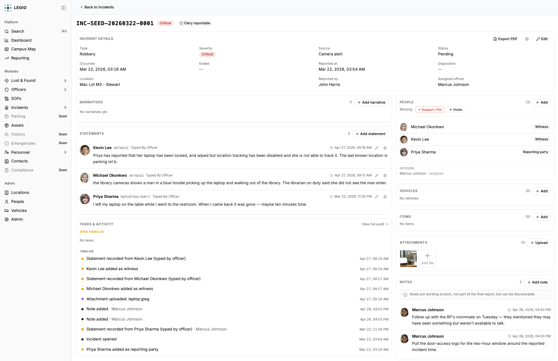 Legio incident management — incident detail view