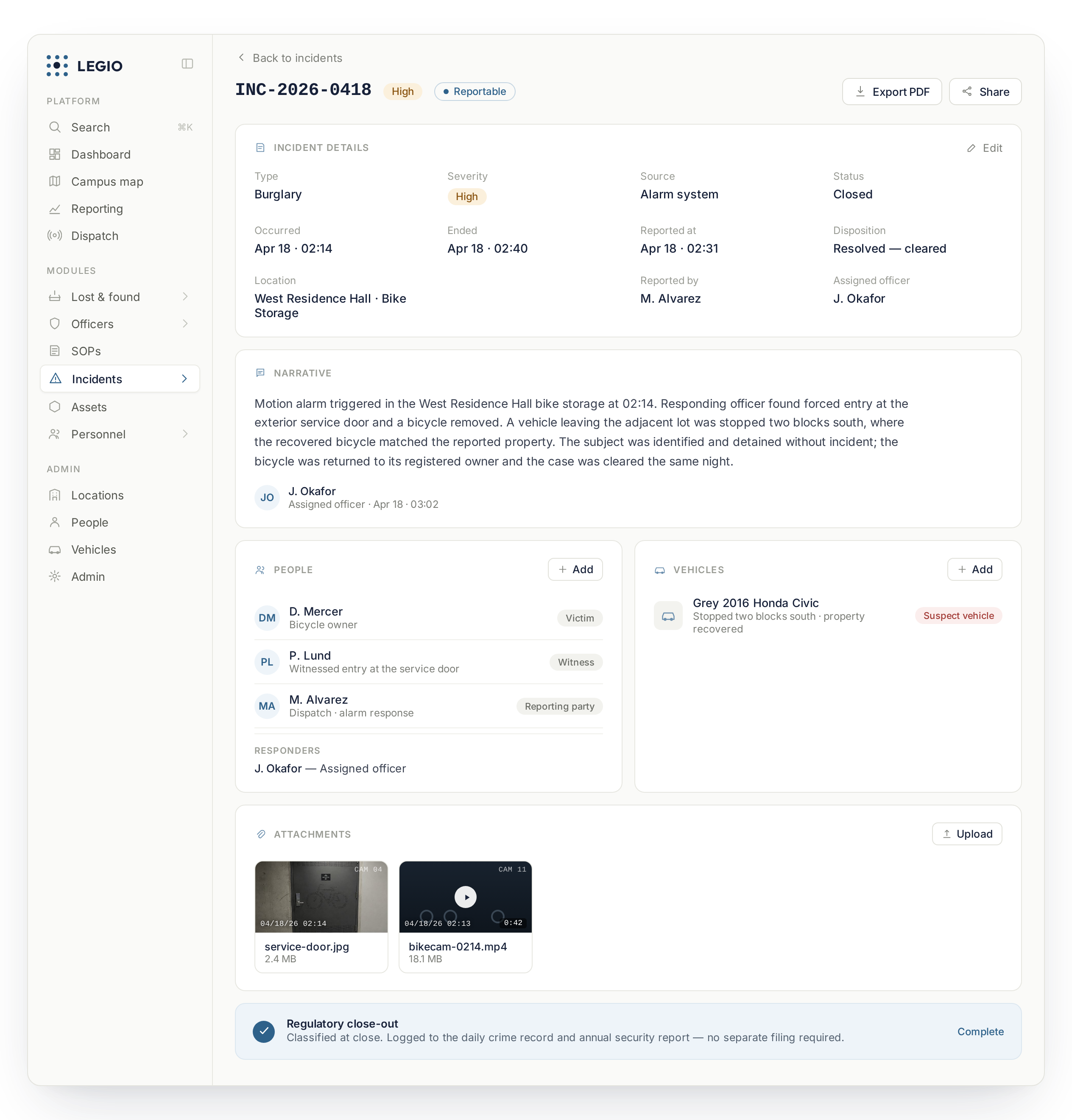 Legio security operations platform — a resolved campus incident, classified and closed out